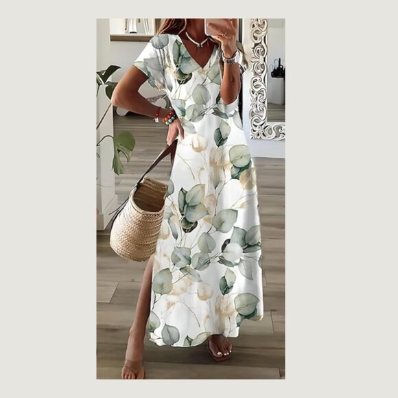 NoraCora Maxi Shirt Dress Women’s‎ Sz M White Floral V-Neck Short Sleeve - Picture 1 of 12